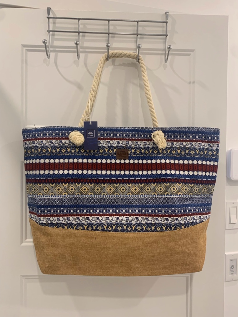 Striped Rope-Handle Tote Beach Bag in Navy and Red